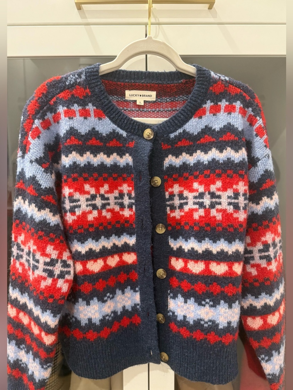 Lucky Brand Fair Isle Button Cardigan Sweater Size L Cozy Soft